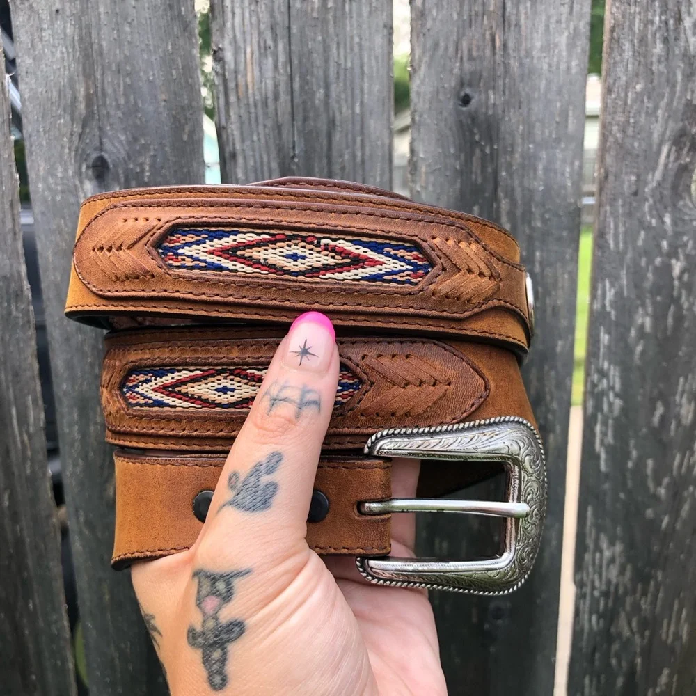 Orvis Brown Leather Belt with Southwestern Inlay and Silver Buckle